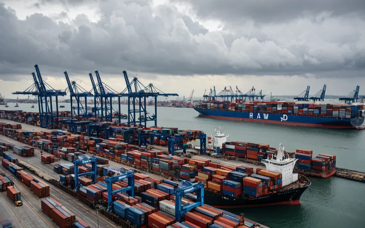liman operasyonu A busy international port with cranes loading containers onto a ship under a cloudy sky, capturing the scale of global trade logistics without any text or flags.