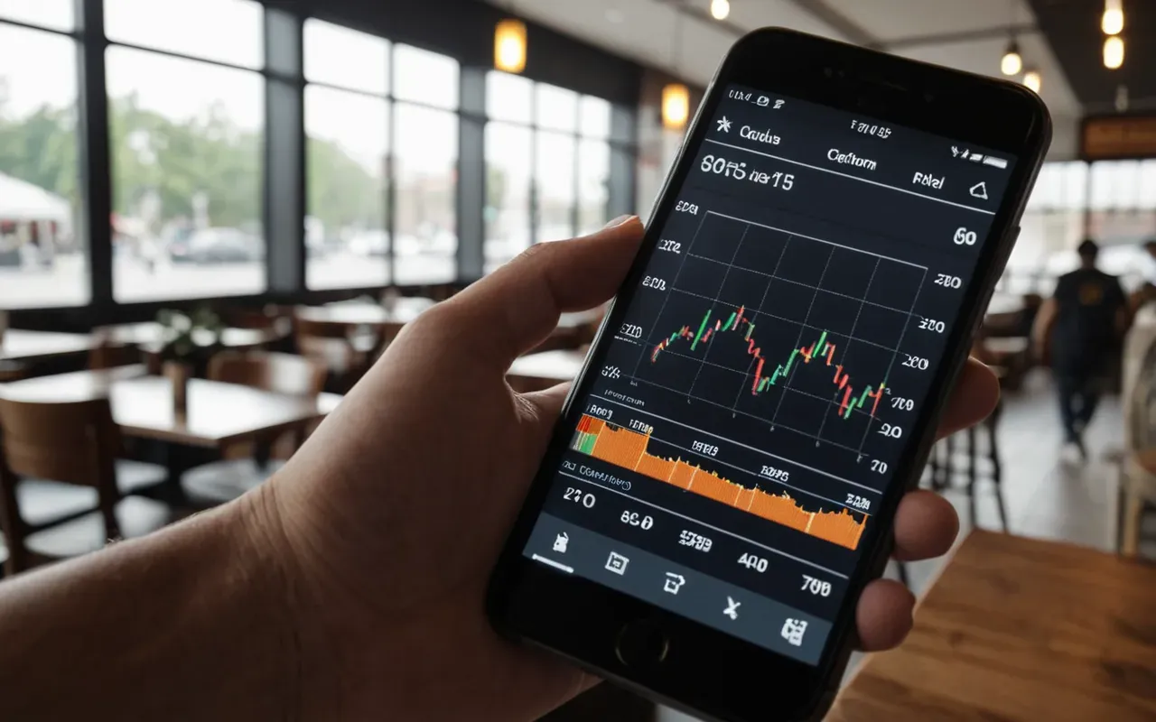 A close up of a hand holding a smartphone displaying stock market charts while sitting in a modern cafe with large windows letting in natural light.