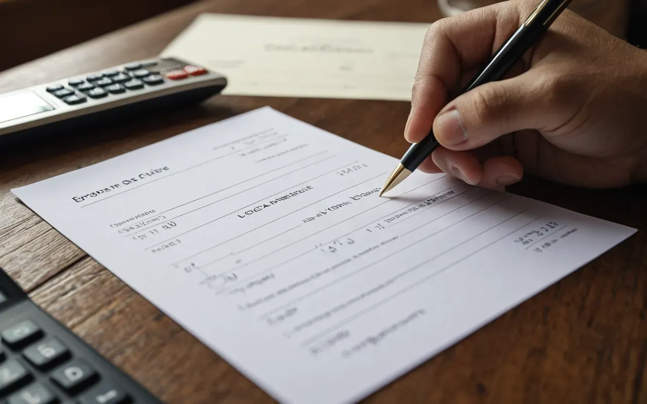 sözleşme detayları A close up of a hand holding a pen signing a document on a wooden table with a calculator and glasses nearby in soft focus.