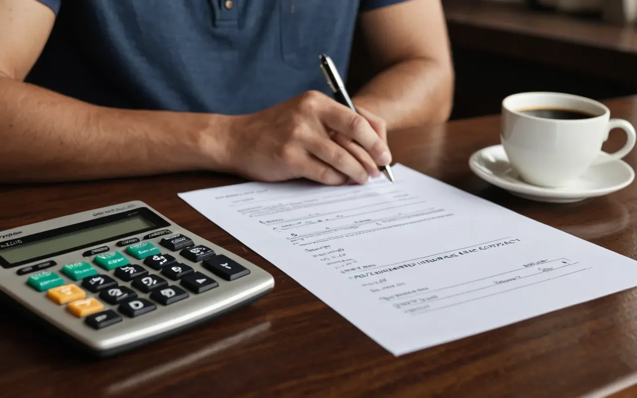 sigorta sözleşmesi A close-up of a hand signing a complex shipping insurance contract on a wooden desk with a calculator and coffee cup nearby.