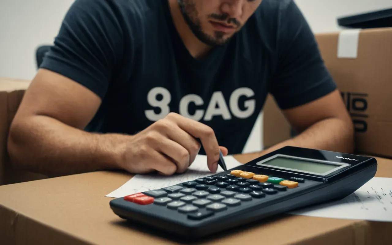 bütçe planlaması A close-up view of a person holding a calculator and looking stressed while sitting at a desk with moving boxes in the background.