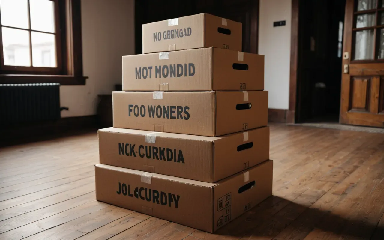 tasima kutulalri A close up view of a stack of sturdy cardboard moving boxes arranged neatly on a wooden floor. The lighting is soft and warm coming from a nearby window creating gentle shadows that emphasize the texture of the packaging materials.