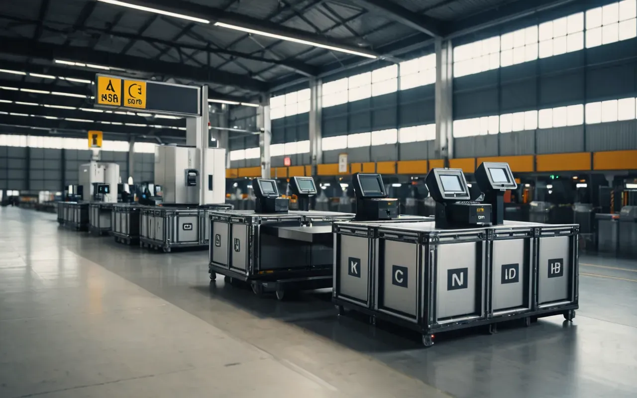 modern lojistik A modern automated customs checkpoint with digital scanners and sleek robotic arms moving crates in a bright industrial hall.