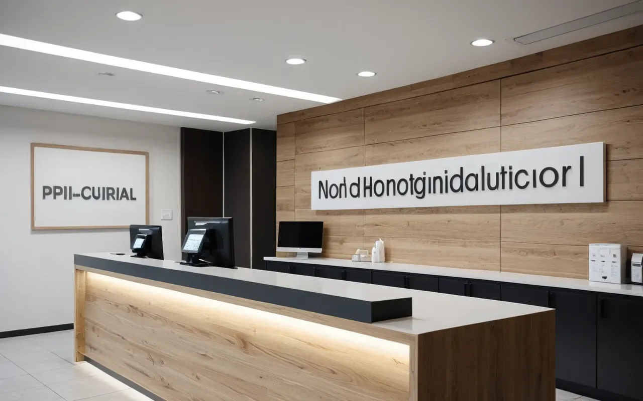 sağlık sistemi farkları A modern clinic interior with a clean reception desk and calm lighting.