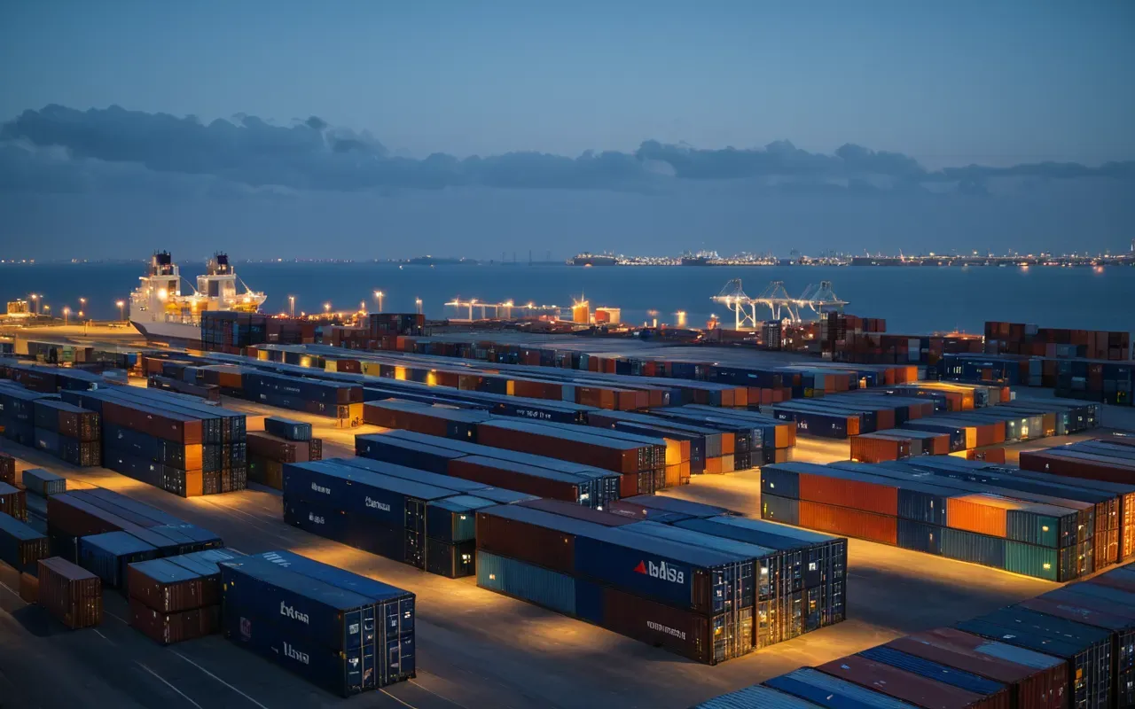 lojistik A modern logistics hub at dusk with a large cargo ship in the background and stacked shipping containers under artificial lights, no text or signs visible.
