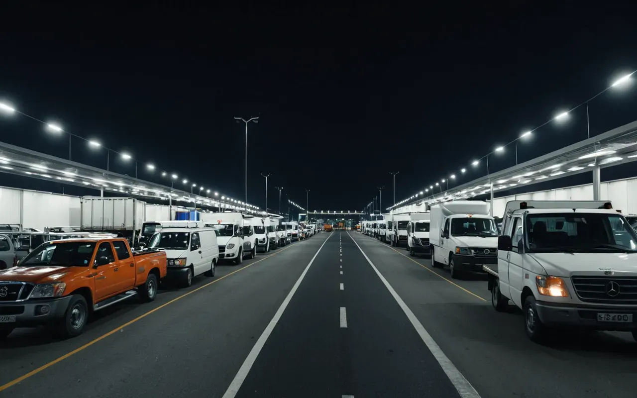 lojistik gecikmesi A modern logistics hub at night with rows of parked trucks waiting under artificial lights, showing a sense of delay and congestion without any visible text or logos.
