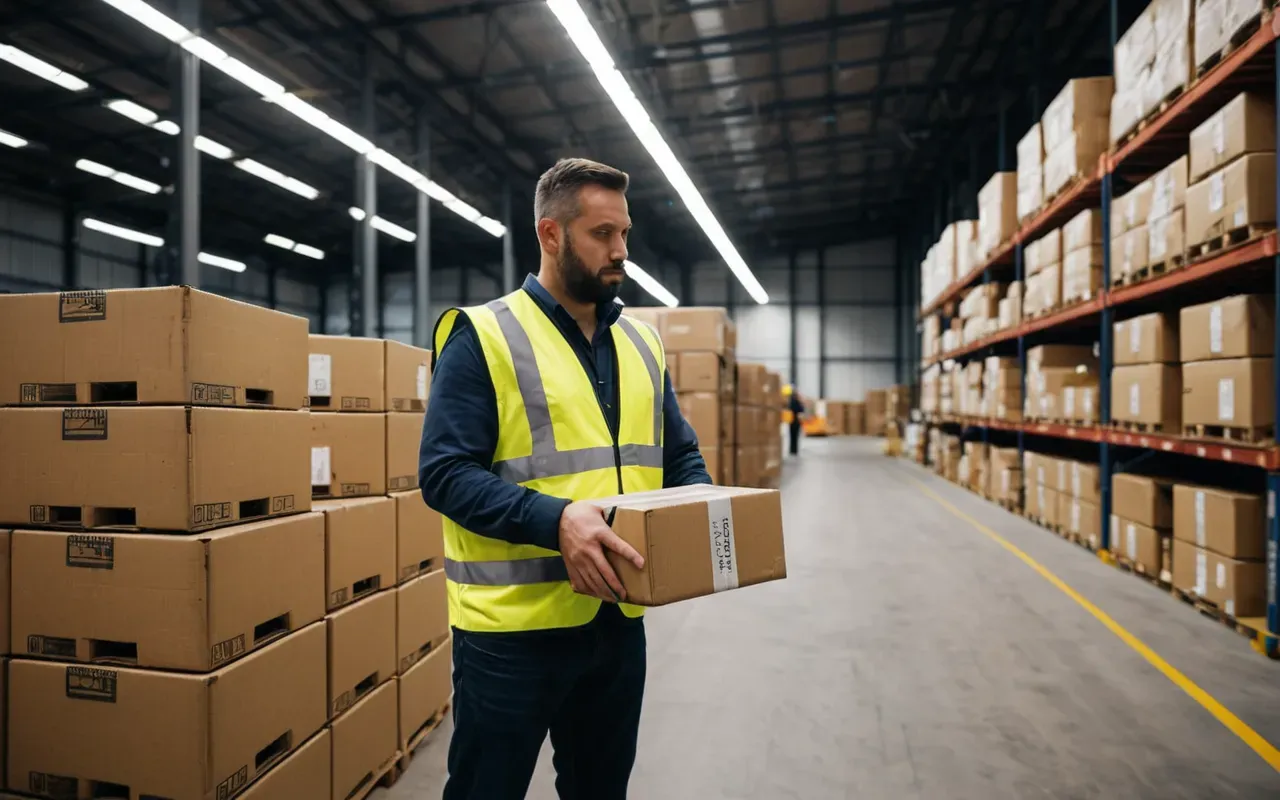 A modern logistics warehouse with stacked cardboard boxes on pallets under bright industrial lighting. A worker in a high-visibility vest organizes packages near a conveyor belt system.