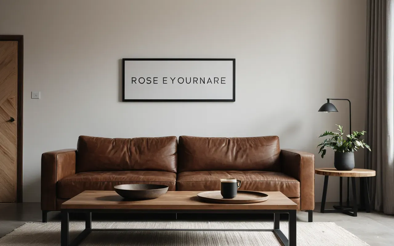 A modern minimalist living room with a single leather sofa and wooden coffee table, soft diffused daylight, clean lines, neutral color palette, editorial interior photography