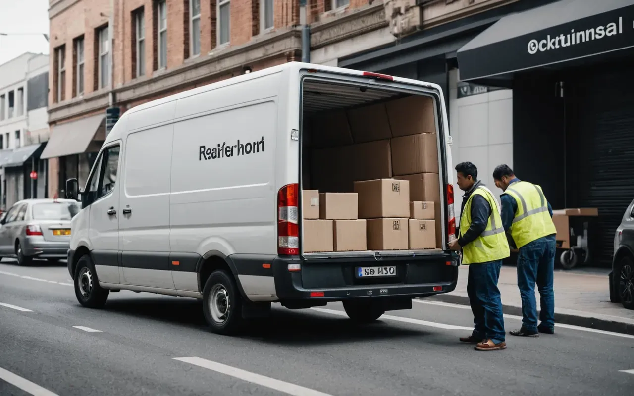 nakliyat araci A modern moving van parked on a wide urban street during daylight. The scene shows boxes loaded inside the vehicle and workers preparing to lift items into the truck bed. Bright natural lighting highlights the organized logistics process without any visible text or branding.