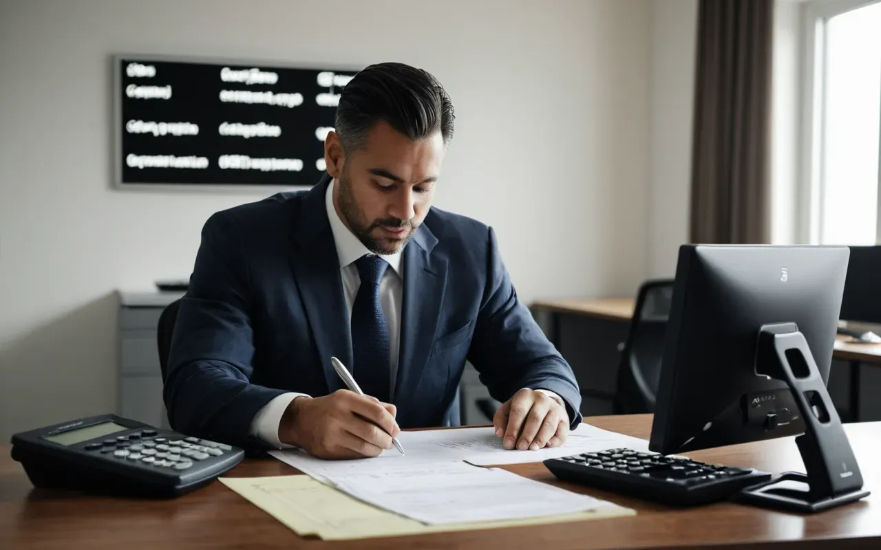 bütçe planlaması A modern office setting with a person reviewing financial documents and a calculator on a desk, symbolizing budget planning for international relocation without any visible text.