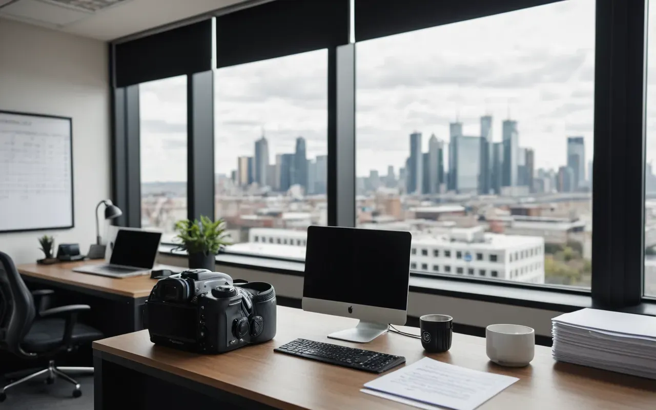 A modern office space with a large window showing a blurred city view in the distance and a desk with organized papers and a laptop.