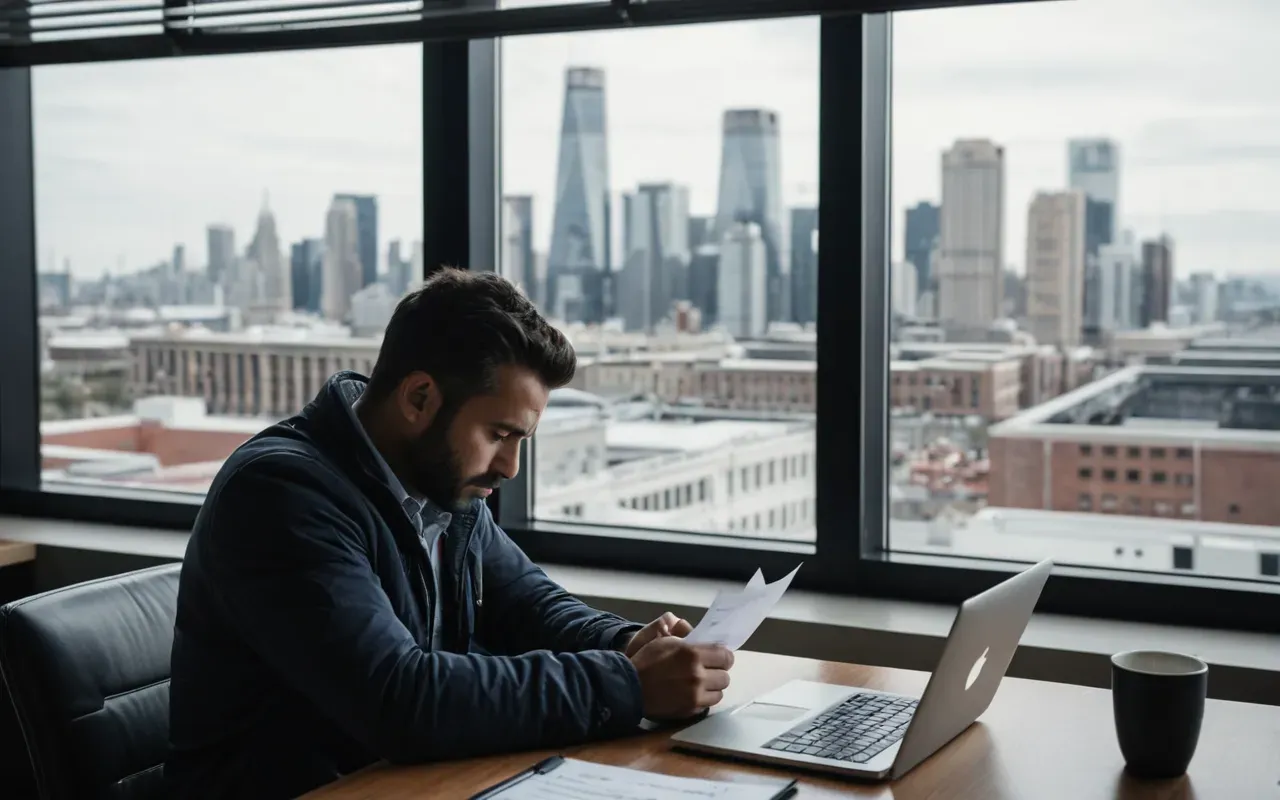A person sitting at a desk looking stressed while reviewing financial documents on a laptop with a window view of a city skyline in the background.