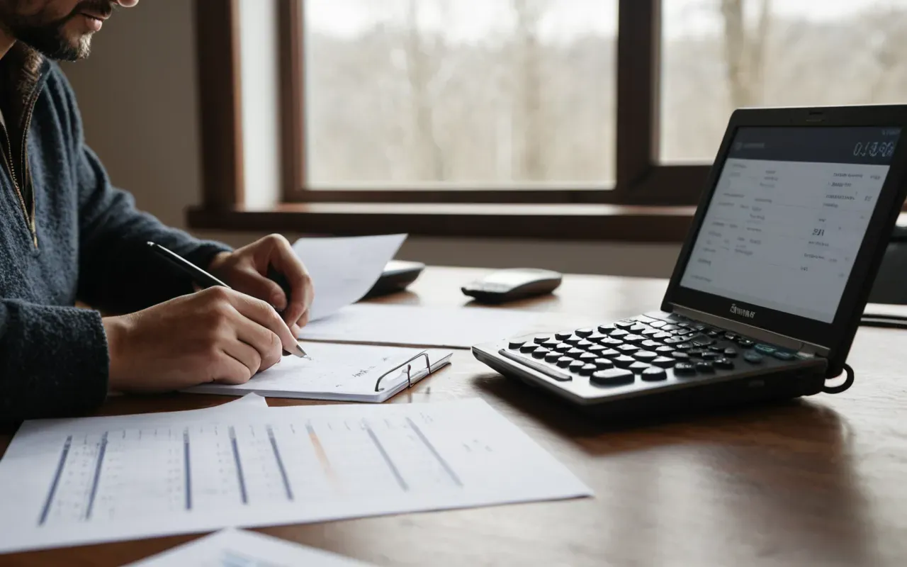 A person sitting at a wooden desk reviewing financial documents with a calculator and a laptop. Soft natural light from a window illuminates the workspace.