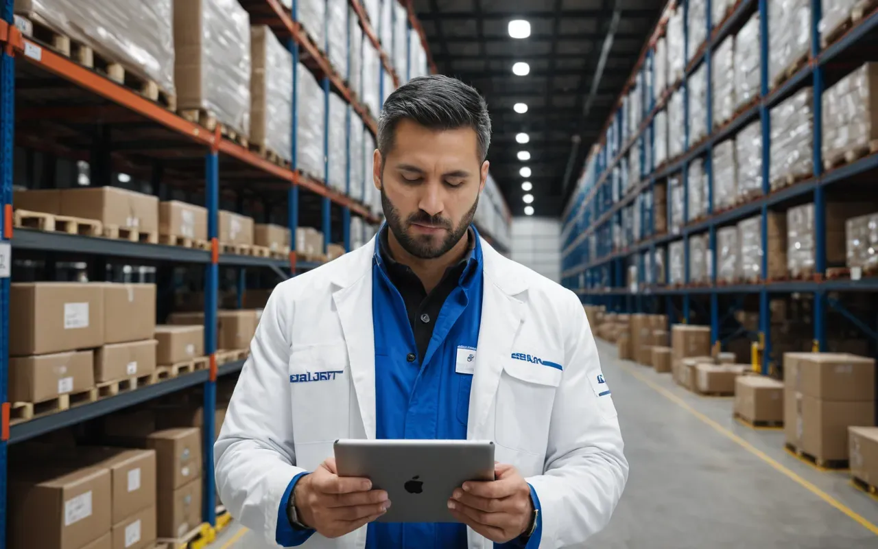 lojistik yönetimi A professional logistics manager reviewing digital data on a tablet in a modern warehouse with automated storage systems.