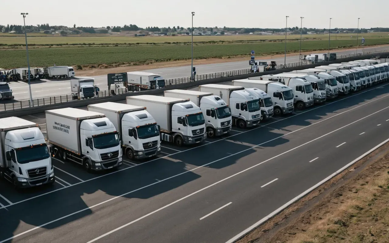 sınır kapısı tırları A wide-angle shot of a modern border crossing checkpoint in the daytime. Rows of white semi-trucks are lined up neatly on asphalt, moving slowly through open metal gates under bright sunlight.