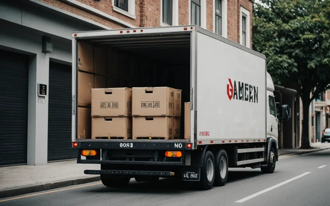 nakliye aracı A wide shot of a large moving truck parked on a quiet street with its rear doors open showing neatly stacked boxes.