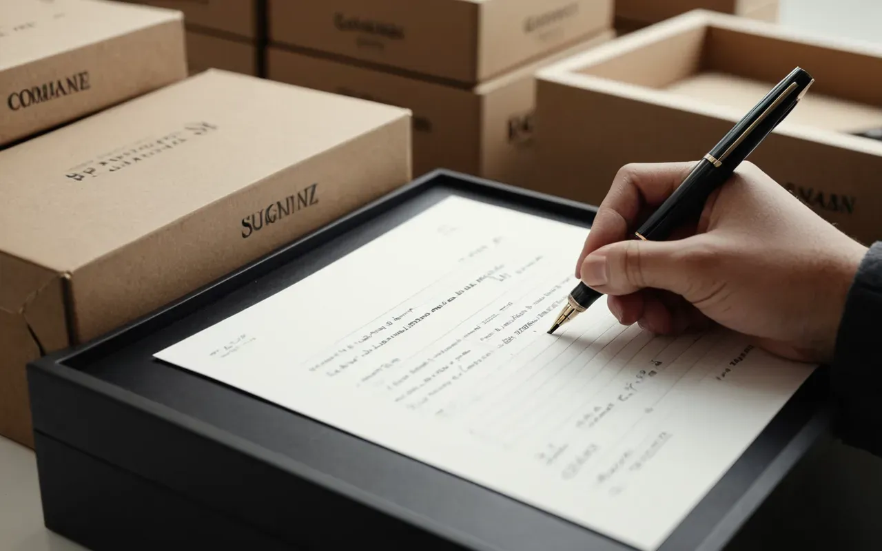 sözleşme imza anı Clean editorial still life of a fountain pen signing a document on top of stacked boxes, soft studio lighting, neutral background tones emphasizing precision and care.