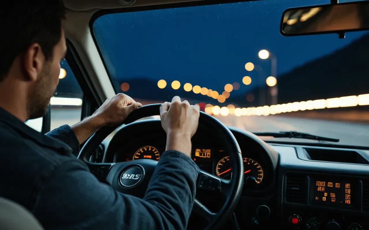 tır şoförü gece sürüşü Close-up of a driver's hands resting on the steering wheel of a heavy-duty truck cab. Through the windshield, blurred lights of a night highway are visible, creating a sense of fatigue and long-distance travel.
