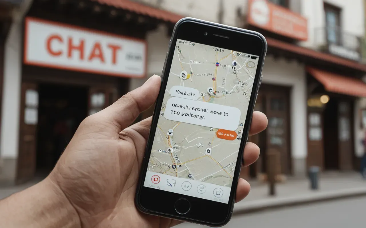 Close-up of a hand holding a smartphone displaying a chat interface with blurred text bubbles in the background soft natural light neutral tones editorial style