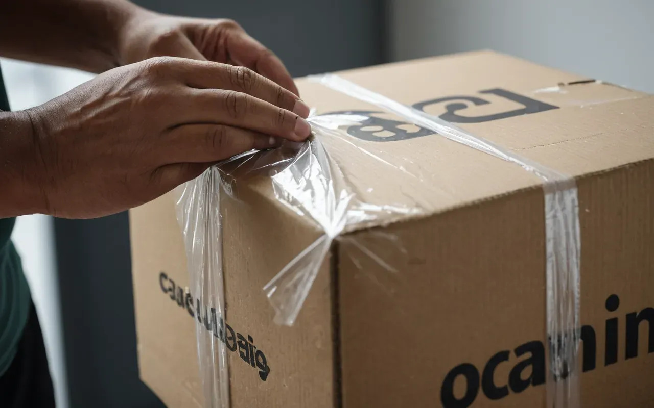 paketleme detay çekimi Close-up of a hand wrapping a cardboard box in clear plastic wrap, soft natural light highlighting the texture of the packaging material, clean background.