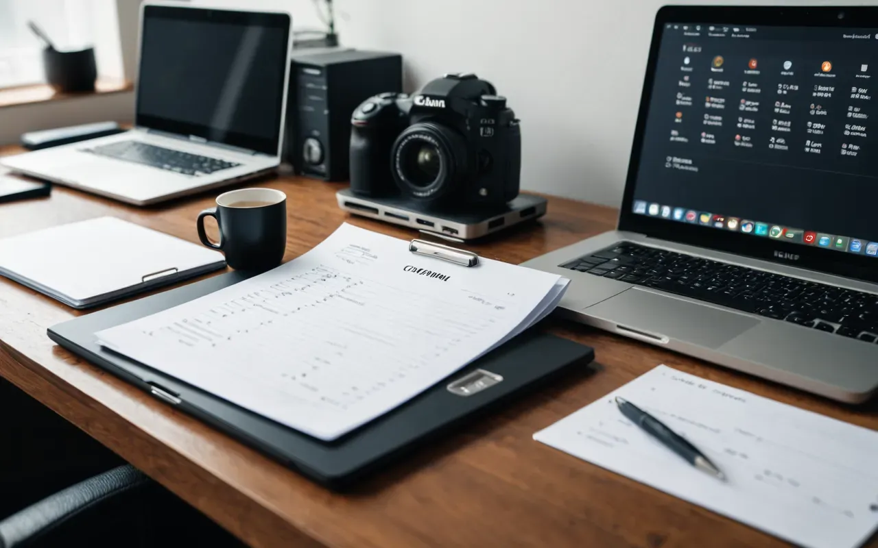 Close-up of a modern desk with organized documents and a laptop in soft natural light, editorial photography style