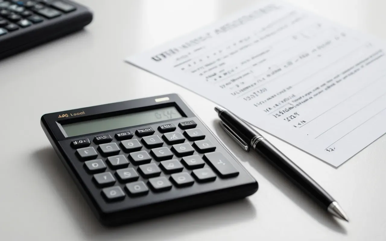 financial planning tools Close-up of a modern financial calculator and a pen on a clean white desk surface with soft diffused lighting, minimalist business setting, high-resolution photography