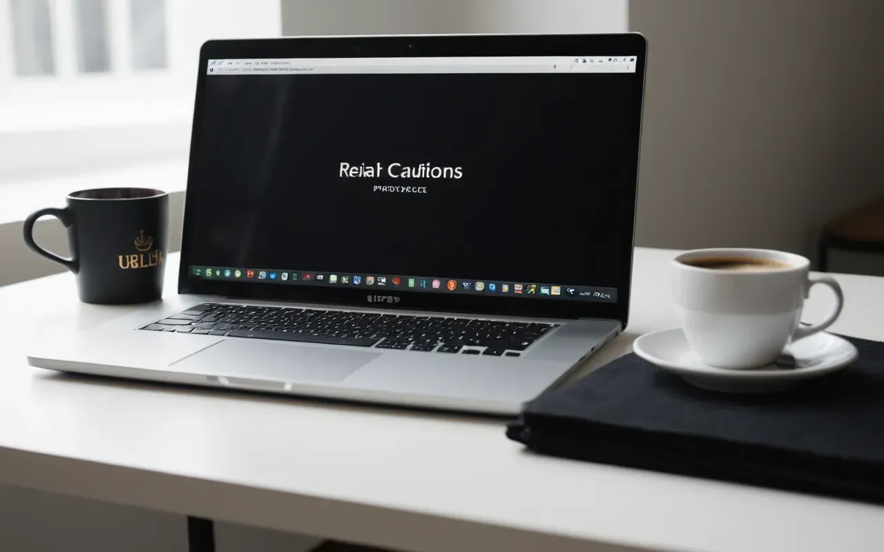 Close-up of a modern minimalist desk with a laptop and a cup of coffee, soft natural light from the side, clean workspace aesthetic, editorial photography