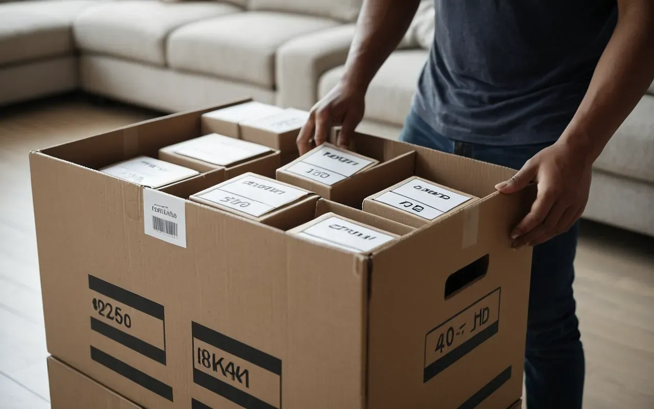 Close-up of a person organizing moving boxes in a clean modern living room with soft natural light and neutral tones