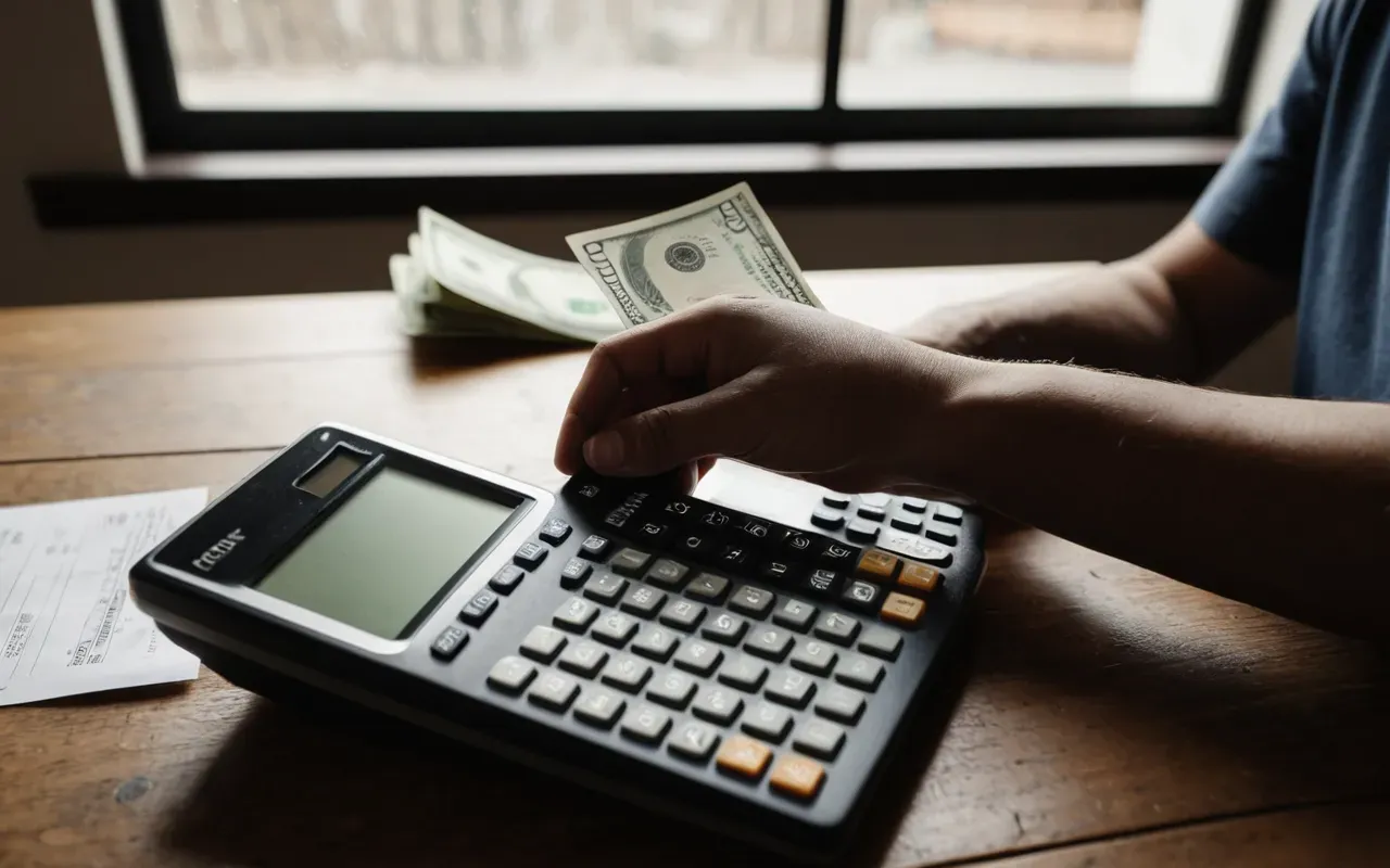 Close-up of a person's hands holding a calculator and a stack of bills on a wooden desk, soft natural lighting from a window, neutral tones, editorial style