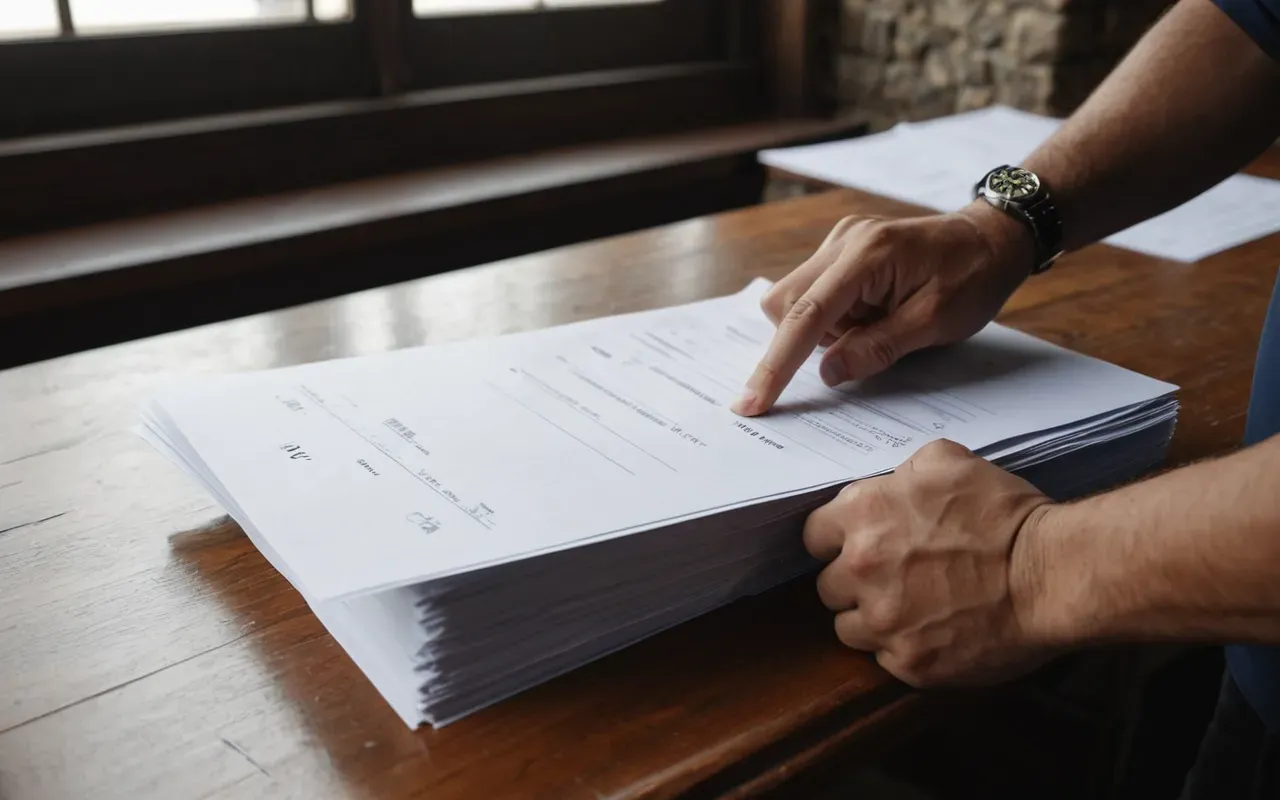 resmi evrak düzeni Close-up of a person's hands organizing official documents in a neat stack on a clean wooden desk, soft window light illuminating the scene, no visible text or logos.
