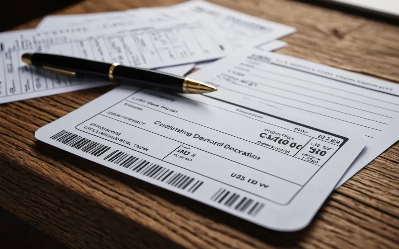 gümrük belgeleri Close-up of a stack of shipping labels and customs declaration forms on a wooden table, pen resting nearby, soft overhead lighting, professional document photography style, no text visible.
