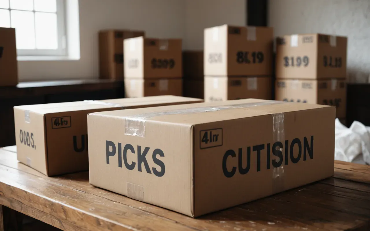 Close-up of a wooden table with neatly organized shipping boxes and packing tape in the background soft natural light editorial photography style neutral tones no text visible