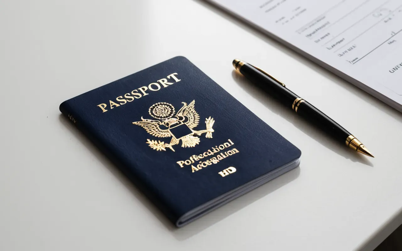 vize başvuru süreci Flat lay photography of a passport, visa application form, and pen arranged on a clean white desk surface, bright even lighting, professional document setup, no text readable.