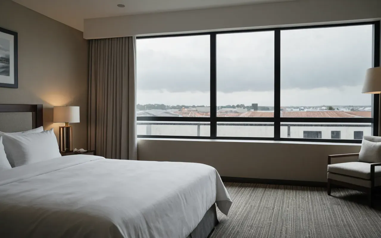 modern konut iç mekânı Interior of a modern boutique hotel suite with made bed, neutral linens, and large windows showing an overcast sky, soft diffused light creating a calm atmosphere.