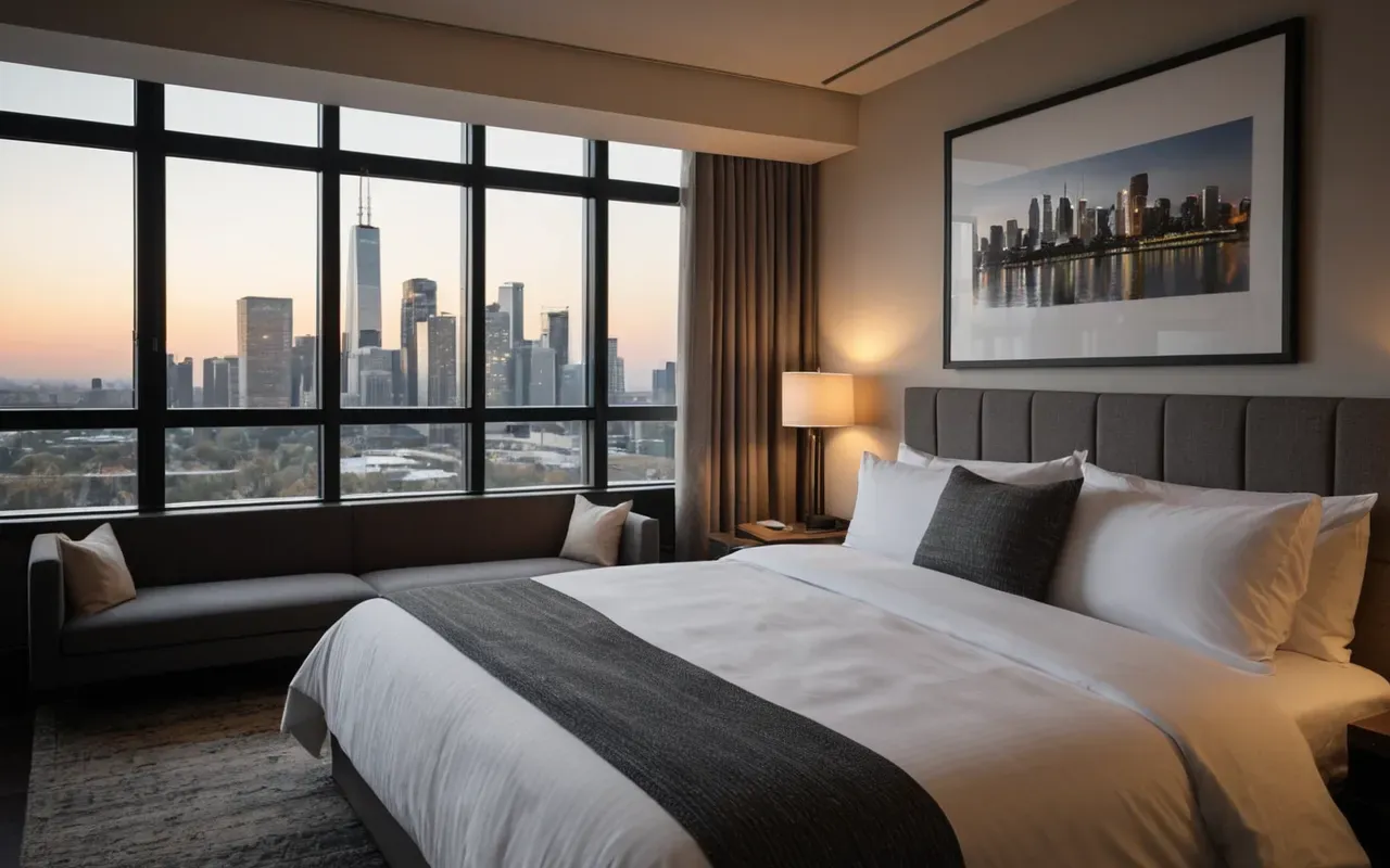 modern accommodation interior Interior of a modern boutique hotel suite with made bed, neutral linens, and large windows showing a city skyline at dusk, soft ambient lighting