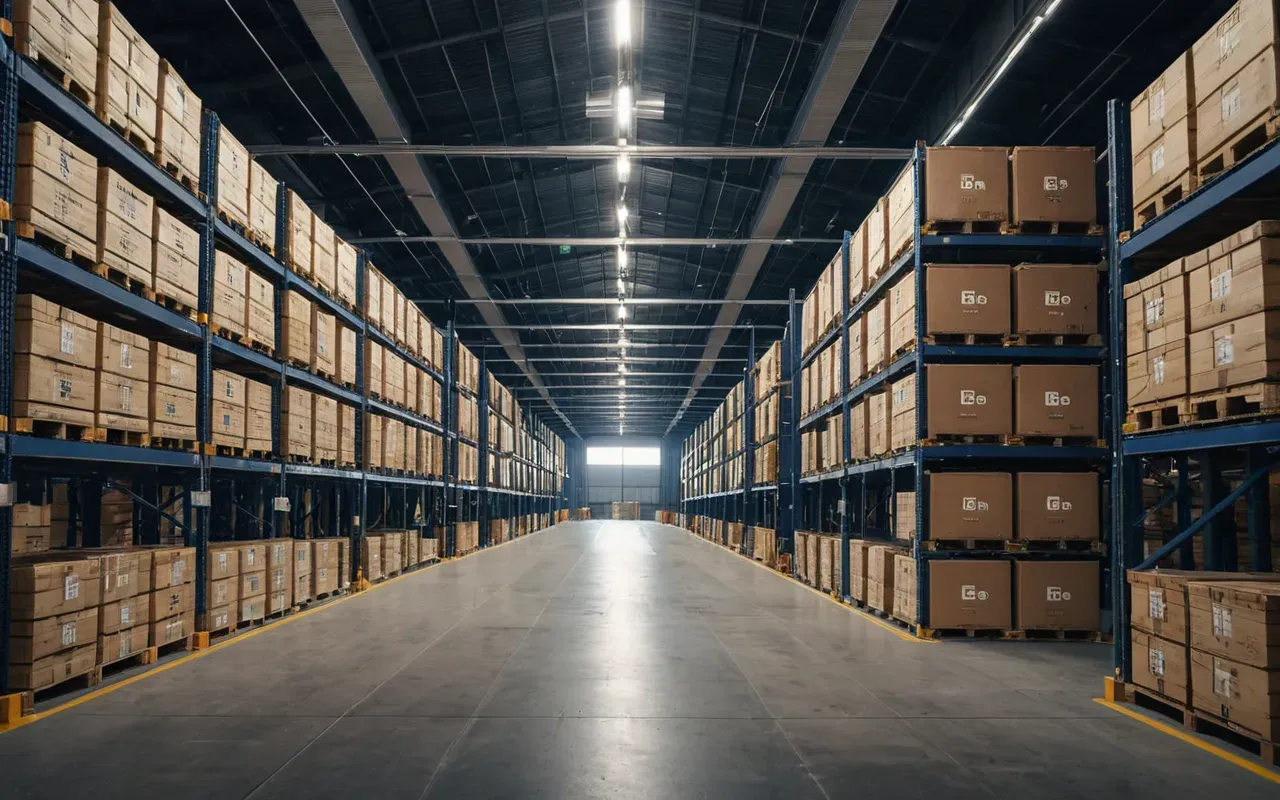lojistik depo düzeni Wide angle view of a modern logistics warehouse with neatly stacked crates on pallets, overhead LED lighting creating clean shadows, organized industrial space.