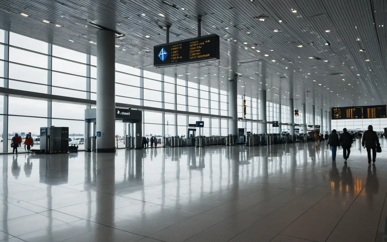 havalimanı transit ortamı Wide shot of a modern airport terminal with travelers walking past large windows showing an overcast sky, clean lines and neutral colors creating a sense of calm movement.