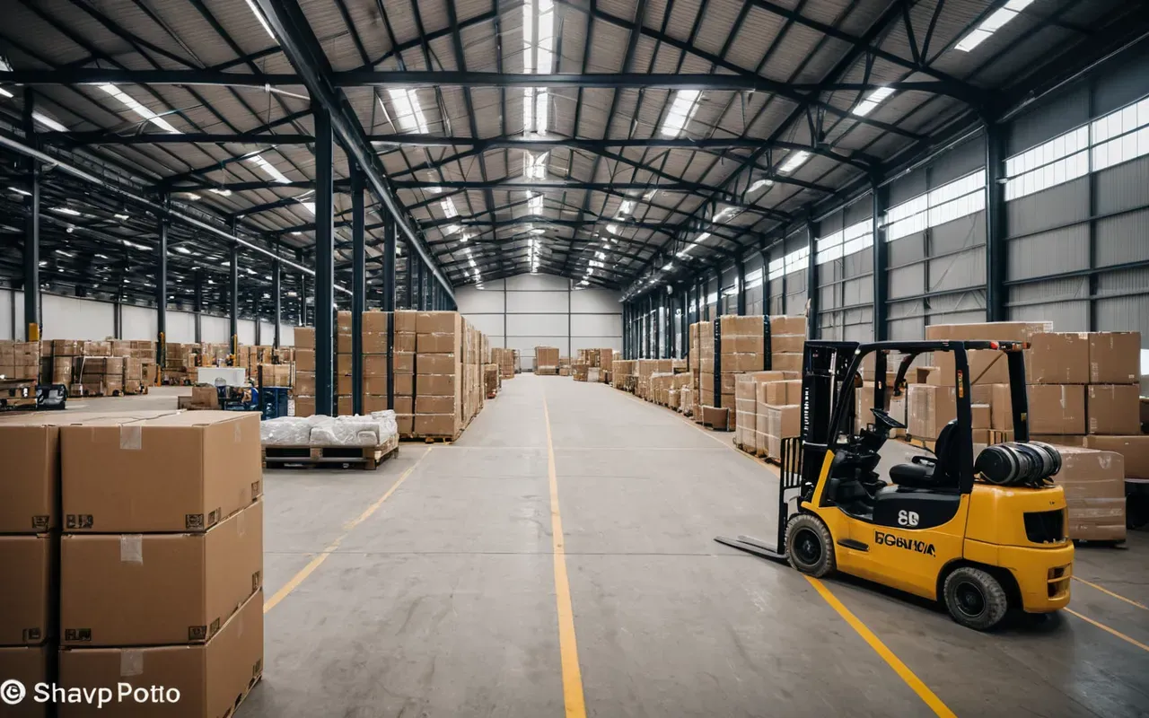 Wide shot of a modern logistics warehouse with stacked boxes and forklifts in the background, clean industrial lighting, neutral tones, editorial photography style