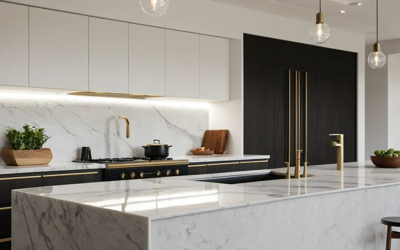 modern taşınma hazırlığı Wide shot of a modern minimalist kitchen interior with marble countertops, brushed brass fixtures, soft natural daylight, editorial photography showing organized boxes ready for transport.
