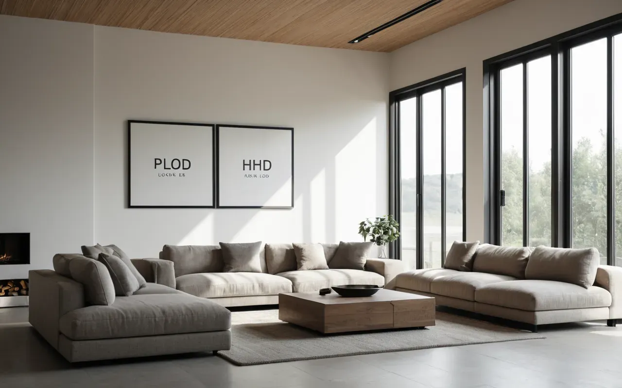 modern interior design Wide shot of a modern minimalist living room with large windows and neutral furniture, soft natural daylight streaming in from the side, clean editorial photography style