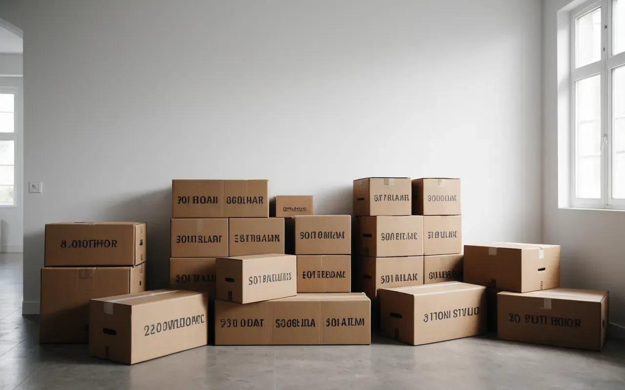 evden eve taşımacılık Wide shot of a modern minimalist living room with neatly packed moving boxes stacked against a white wall, soft natural daylight streaming through large windows, editorial photography style, clean composition, neutral tones.