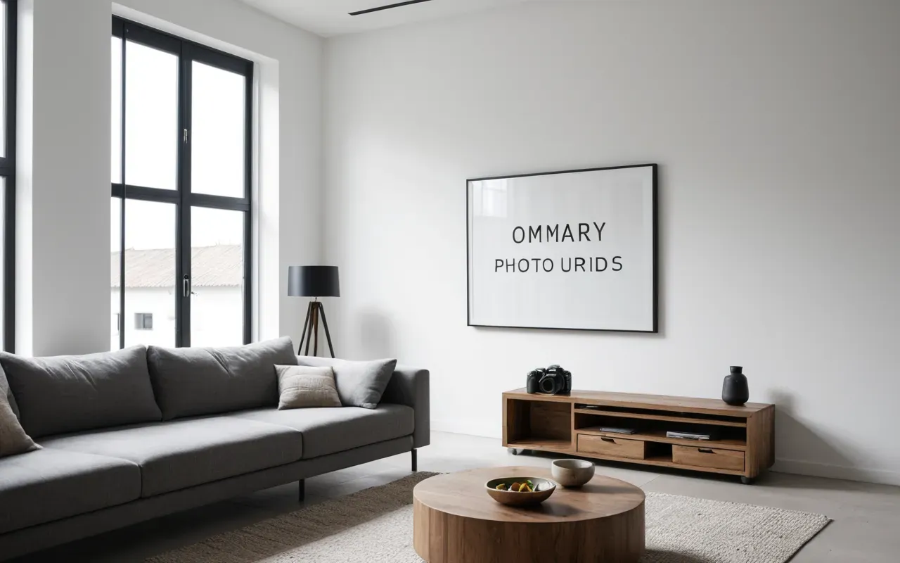 Wide shot of a modern minimalist living room with clean white walls and large windows letting in soft daylight editorial photography style neutral tones no text visible