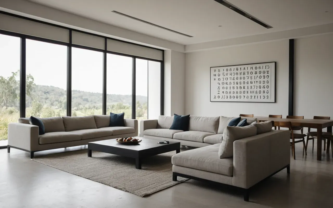 Wide shot of a modern minimalist living room with large windows and neutral furniture, soft daylight streaming in, clean editorial aesthetic, no people visible