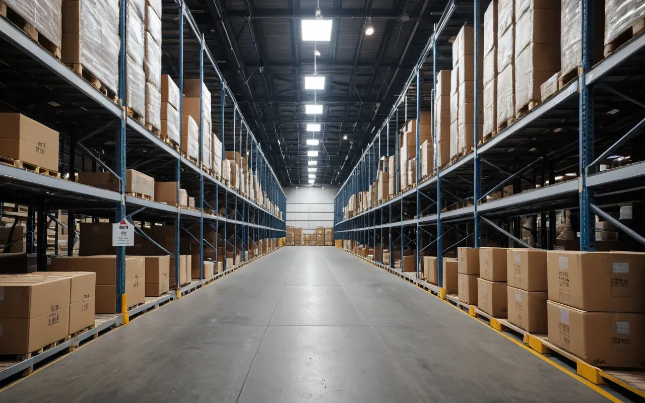 Wide shot of a modern moving company warehouse with neatly stacked boxes and professional lighting, clean editorial style
